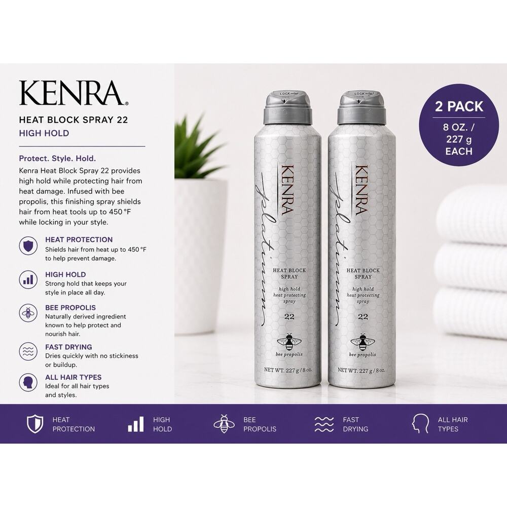Kenra Platinum Heat Block Spray 22 Heat Protectant High Hold 8 Oz Duo Pack